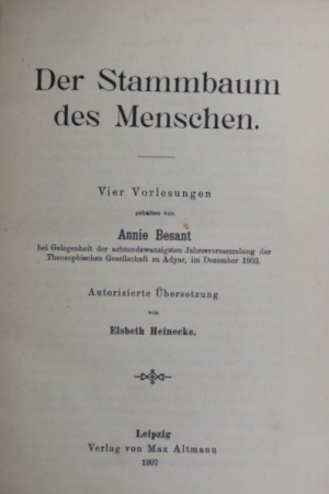 Der Stammbaum des Menschen. Vier Vorlesungen. Übersetzung von Elsbeth Heinecke