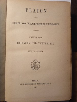 antiquarisches Buch – Ulrich von Wilamowitz-Moellendorff – Platon, Band I: Leben und Werk, Band II: Beilagen und Textkritik