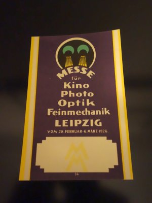 Einladungsblatt Leipziger Messe für Kino, Photo, Optik 1926 Farblithographie