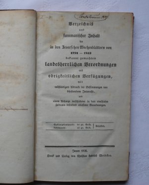 Verzeichnis u. summ. Inhalt der i. d. Jeverschen Wochenblättern v. 1791-1813 bekannt gemachten landesherrlichen Verordnungen....