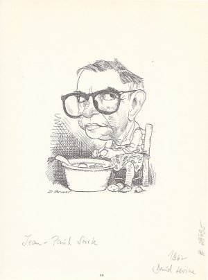 Porträt. Karikatur. Ganzfigürliche Darstellung. Lichtdruck nach einer Zeichnung von David Levine, ca. 17,5 x 11 cm, 1967.