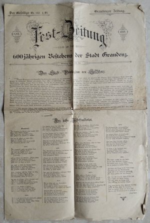 Fest-Zeitung zur Feier des 600jährigen Bestehens der Stadt Graudenz (=Der Gesellige Nr. 142. 4. Bl., Graudenzer Zeitung)