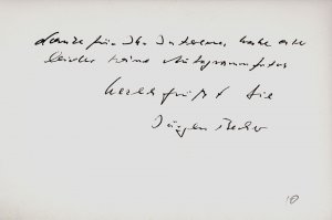 Signierte Grußkarte., (Jürgen Becker, geb. 10.07.1932 in Köln, deutscher Lyriker, Prosaist und Hörspielautor).