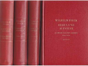 Büchersammlung „Wilhelm Pieck“. 9 Titel. 1.) Reden und Aufsätze, Band I bis III 2.) Wilhelm Pieck: Reden und Aufsätze, Band I (Auswahl aus den Jahren 1908-1950) 3.) Wilhelm Pieck: Reden und Aufsätze, Band III (Auswahl aus den Jahren 1950-1953) 4.) Wilhelm Pieck: Reden und Aufsätze, Band IV (Parlamentsreden. Auswahl aus dem Jahren 1906-1933) 5.) Wilhelm Pieck: Gesammelte Reden und Schriften Band 1 (August 1904 bis Januar 1919), mit einem Vorwort von Walter Ulbricht 6.) Heinz Voßke; Gerhard Nitzsche: Wilhelm Pieck, Biographischer Abriß 7.) Wilhelm Pieck, Schriftsteller und Künstler zu seinem 80. Geburtstag, hrsg. vom Ministerium für Kultur der DDR 8.) Im Kampf um die Arbeitereinheit und die deutsche Volksfront 1936-1938, Mit einem Vorwort von Walter Ulbricht 9.) Der neue Weg zum gemeinsamen Kampf für den Sturz der Hitlerdiktatur, Referat und Schlusswort auf der Brüsseler Konferenz der KPD Oktober 1935, Anhang Resolution und Manifest der Parteikonferenz