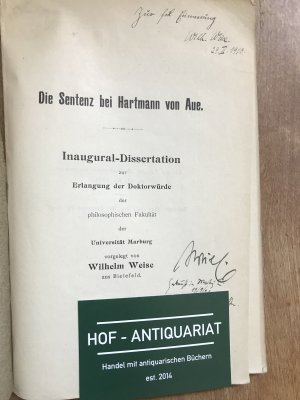 antiquarisches Buch – Wilhelm Weise – Die Sentenz bei Hartmann von der Aue. -EA , signiert m.kl.Widmung -Originalausgabe !