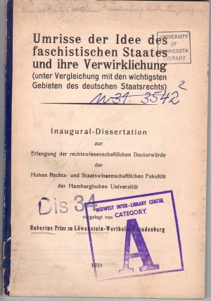 antiquarisches Buch – Löwenstein-Wertheim-Freudenberg, Hubertus Prinz – Umrisse der Idee des faschistischen Staates und ihre Verwirklichung (unter Vergleichung mit den wichtigsten Gebieten des deutschen Staatsrechts). Dissertation.