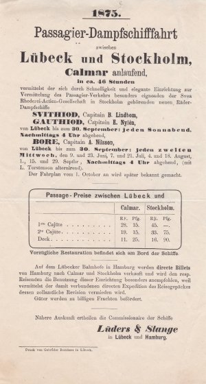 antiquarisches Buch – Schiffsfahrplan von 1875 zwischen Lübeck und Stockholm