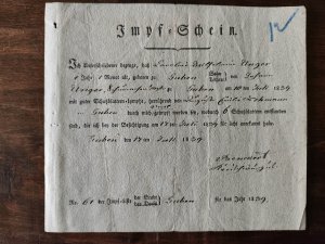 Guben Impf- Schein Impfschein Original 1839 für Schutzblattern Impfung handschriftlich ausgefüllt und Unterschrieben / Aus der Guben, Eisenhüttenstadt […]