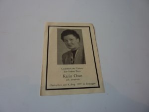 Sterbebildchen, Death Card, Totenzettel, Karin Osso, geb. Jungbluth, Remagen, gest. 8.8.1957 , Gebet