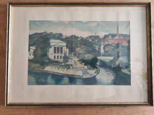 farbiges Bild Aquarell unten rechts signiert F. H. Walter (Fritz Hermann Walter) unten links: Schützenhaus Insel. Ansicht von Gubener Theater, der Neisse […]