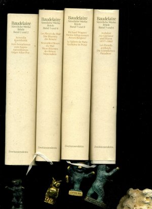 Baudelaire, Charles. Sämtliche Werke  und Briefe. Vollständige  Ausgabe. 8 Teile in 4 Bänden. Sonderauflage von Zweitausendeins. Zum Inhalt: Band 1 und 2: Juvenilia Kunstkritik. Vom Sozialismus zum Supranaturalismus Edgar Allan Poe, 463 Seiten. Band 3 und 4:Les Fleurs du Mal / Die Blumen des Bösen. Nouvelles Fleurs du Mal / Neue Blumen des Bösen. Materialien, 350 Seiten. Band 5 und 6: Aufsätze zur Literatur und Kunst 1857-1860. Les Paradis artificiels / Die künstlichen Paradiese, 346 Seiten. Band 7 und 8: Richard Wagner / Meine Zeitgenossen / Armes Belgien! Le Spleen de Paris / Gedichte in Prosa.