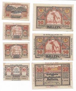 Notgeld der Stille-Nacht-Gemeinde Hallein bei Salzburg aus 1920: 10, 20 und 50 Heller ungelaufen. Erste Ausgabe, Beidseitig bedruckt. Preis für alle drei Scheine .