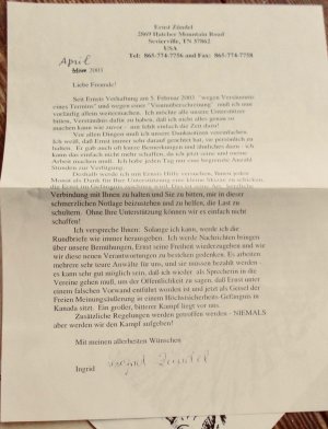 Ernst Zündel   Rundbrief an seine Freunde