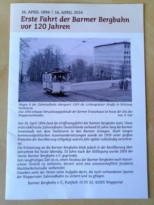 gebrauchtes Buch – Barmer Bergbahn e – Erste Fahrt der Barmer Bergbahn vor 120 Jahren - 16. April 1894 - 16. April 2014 Wuppertal Barmen