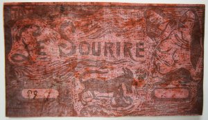 Orig.-Holzschnitt, Titel für "Le Sourire" (1899-1900), 10,3 x 18 cm., Von P. Gaugin eigenhändig koloriert in Grau und Braunrot und in brauner Tinte monogrammiert "P G".