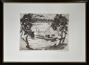 gebrauchtes Buch – Artur Komma – Fischerort am Rhein. [Signierte Original-Radierung, gerahmt / signed original etching, framed].