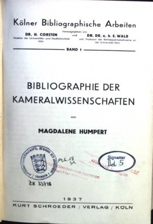 Bibliographie der Kameralwissenschaften Kölner Bibliographische Arbeiten, Band 1