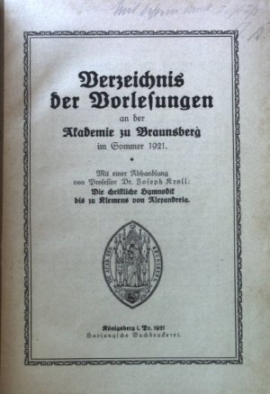 Verzeichnis der Vorlesungen an der Akademie zu Braunsberg im Sommer 1921.