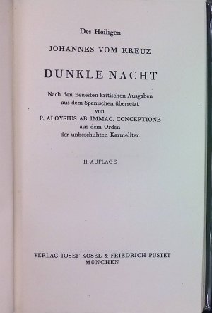 antiquarisches Buch – Kreuz, Johannes vom und Aloisius ab Immaculata Conceptione – Sämtliche Werke, Bd. 2: Dunkle Nacht.