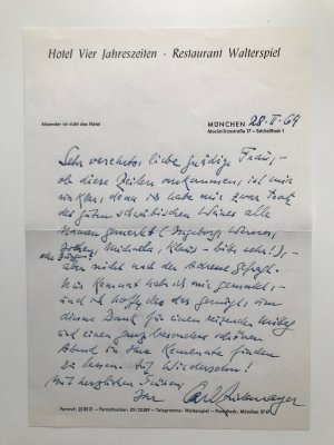 Handschriftlicher Brief von Carl Zuckmayer auf Briefbogen "Hotel Vier Jahreszeiten - Restaurant Walterspiel"