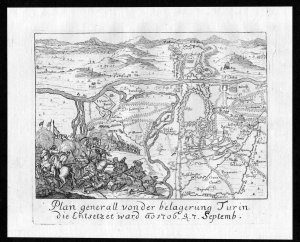 "Plan generall von der belagerung Turin die Entsetzet ward anno 1706" - Torino Turin Plan map acquaforte carta Karte stampa incisione siege battle