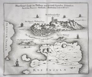 "Marstrand sambt der Vöstung und herumb ligenden Schantzen, durch den Herren Statthalter Güldenlöw, erobert A° 1677" - Marstrand Sverige map Plan Sweden […]