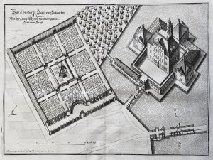 "Das Churfürstl. Hauß und Lustgarten Bötzau von Ihr Chürf. Alt Selbst nunmehr genant Oranien Bürgk." - Schloss Oranienburg Brandenburg Vogelschau