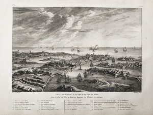 "Vue a vol d'Oiseau de la Ville & du Port de Malte" - Malta Valletta view porto veduta Italia acquaforte