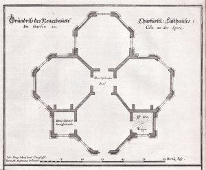 antiquarisches Buch – Merian, Matthäus  – "Grundriss des Neuerbauete[n] Churfürstl. Lusthauses Im Garten zu Cöln an der Spree" - Berlin Churfürstliches Lusthaus Alt-Köln Grundriss Architektur