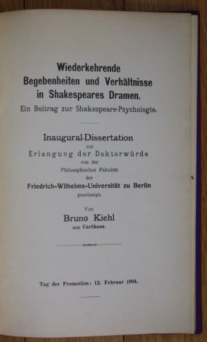 antiquarisches Buch – Bruno Kiehl Shakespeare Dissertation Berlin