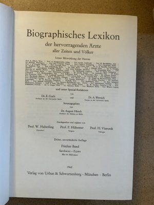 antiquarisches Buch – Hirsch, August  – Biographisches Lexikon der hervorragenden Ärzte aller Zeiten und Völker. 5 Bde. und Ergänzungsband. & Fischer, Isiodor: Biographsiches Lexikon der hervorragenden Ärzte der letzten fünfzig Jahre 2 Bde.