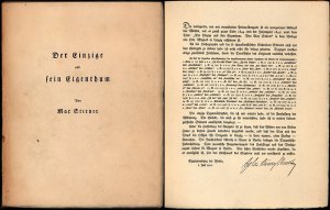 Der Einzige und sein Eigenthum., Privat-Ausgabe. Veranstaltet von John Henry Mackay. [Signiertes und nummeriertes Exemplar].