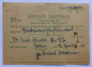 alter nicht eingelöster SCHECK der Berliner Stadtbank - 19. april 1945