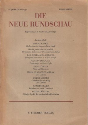 Hochzeitsvorbereitungen auf dem Lande. In: Die Neue Rundschau. Jahrgang 62, 1951, Heft 1. - Weiterer Inhalt: Max Brod - Zur Textgestaltung der Hochzeitsvorbereitungen […]