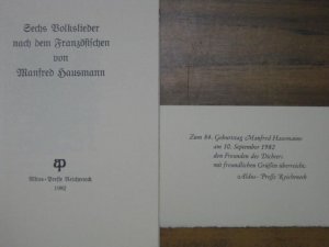 Sechs Volkslieder nach dem Französischen von Manfred Hausmann. Mit 6 Holzstichen von Hermann Huffert.