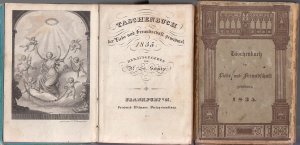 Taschenbuch, der Liebe und Freundschaft gewidmet 1835. Mit gestochenem Titel und 12 Kupferstichen (C. A. Schwertgeburt ). St. Schütze: Bedenklichkeiten […]