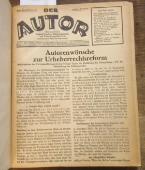 Der Autor. Jahrgang 13, 1938, komplett mit den Nummern 1 - 12. Herausgegeben vom Verband Deutscher Bühnenschriftsteller und Bühnenkomponisten e. V. (Gesellschaft zum Schutze der Bühnenwerke). Aus dem Inhalt: Nachrufe auf Heinz Bolten Baeckers und Henry Kistemaeckers / Hermann Wanderscheck: Gegen die Verfemung der Matinee. Stärkerer Einsatz für ein junges Theater / derselbe: Hans Friedrich Blunck zum 50. Geburtstage / Otto Rombach: Als Autor auf der Fernsehbühne / Hans Fritz von Zwehl: Zur Umsatzsteuerpflicht der Bühnenautoren / W. E. Süskind: Der Unterhaltungsroman / Der Anschluß. Das deutsche Land Österreich / Alfred Püllmann: Theater und Erziehung / Gerd Eckert: Das Hörspiel und seine Probleme / Paul Ernst: Der Mäzen / Richard Strauß: Die Bedeutung des Wortes in der Oper / Richard Bars: Autoren, der Schallfilm kommt! / Reinhold Zickel-von Jan: Erotisches Theater / Das sudetendeutsche Theaterwesen.