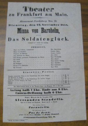 Besetzungsliste zu: Minna von Barnhelm, oder Das Soldatenglück. Dienstag, den 23. November 1858, Abonnement-Vorstellung Nro. 20 im Theater zu Frankfurt […]