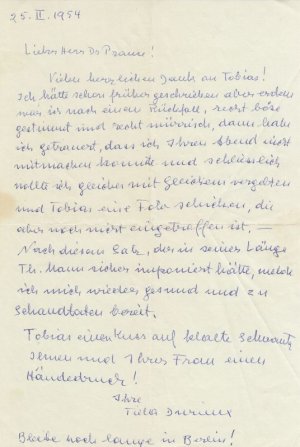 Handgeschriebener Brief von Tilla Durieux an Herrn Dr. (Gerhard) Prause, datiert 25. II. 1954 und voll signiert !