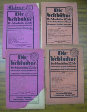 Die Weltbühne: 19. Jahrgang 1923, Konvolut mit 4 Heften. - es liegen vor: Nummern 8 (22. Februar), 11 (15. März), 20 (17. Mai), 25 (21. Juni). - Wochenschrift […]