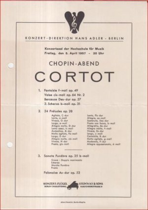 Programmzettel zum Konzert von (Alfred) Cortot am 5. April 1957 im Konzertsaal der Hochschule für Musik zu Berlin - Chopin-Abend.