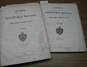 antiquarisches Buch – Statistisches Bureau. - Königlich Sächsisches Ministerium des Innern – 1. - 4. Jahrgang 1855 - 1858 in 2 Bänden: Zeitschrift des Statistischen Bureaus des Königlich Sächsischen Ministeriums des Innern. - Beispiele aus dem Inhalt: Die Geldprägungen nach dem Leipziger Münzfuße, dem Conventionsfuße und dem 14 - Thalerfuße in dem Churfürstenthume und dem Königreiche Sachsen / Beiträge zur Statistik der Strafanstalten und der Moralität der Bevölkerung mit besonderer Beziehung auf die Rückfälligkeit der Verbrecher / Statistik des Medicinalpersonals  / Der Mineral-Reichthum und die Mineral-Gewinnungsstätten im Königreiche Sachsen / Der Viehstand auf dem großen und kleinen Grundbesitz im Königreich Sachsen.