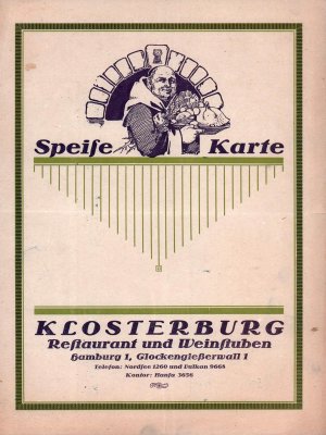 antiquarisches Buch – Speisekarte. Klosterburg, Restaurant und Weinstuben, Hamburg 1, Glockengießerwall 1.