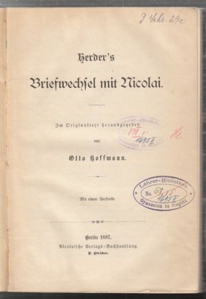 Briefwechsel mit Nicolai. Im Originaltext hrsg. v. Otto HOFFMANN.