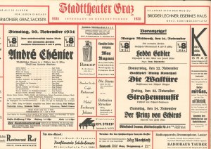 antiquarisches Buch – Stadttheater Graz. Intendant: Dr. Heribert Furreg. Dienstag, 20. November 1934. 1/2 8 Uhr. Zum unwiderruflich letzten Male: André Chénier. Musikalische Drama in 4 Bildern von L[uigi] ILLICA. Musik von Umbert GIORDANO.