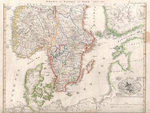 antiquarisches Buch – Original historische antike Landkarte von 1824 – Karte Schweden und Norwegen auch Dänemark. Südliches Blatt. 1 Nebenkarte: Kleiner Stadtplan von Stockholm.  Grenzkoloriert