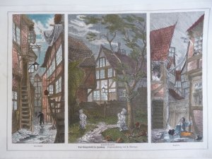 kolorierter Holzstich - Das Gängeviertel in Hamburg Drei Ansichten Orig.-Zeichn. von A. Mosengel