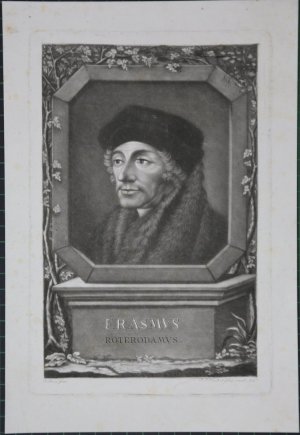 Portrait. Brustfigur nach halblinks in Zierumrahmung, unten Schriftsockel. Mezzotinto von J.J. Haid et filius nach Holbein.