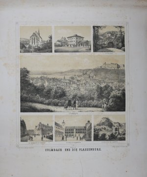 antiquarisches Buch – Kulmbach – "Culmbach und die Plassenburg". Souvenirblatt, mittig mit Gesamtansicht von Rehberg, oben und unten mit je 3 Detailansichten. Getönte Lithographie von G. Könitzer.