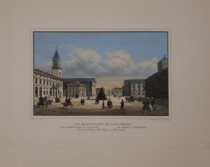 antiquarisches Buch – Karlsruhe - – Der Marktplatz in Carlsruhe. Altkolorierter Stahlstich von Joh. Poppel nach J. Pozzi.
